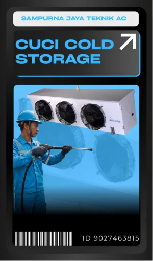 Proses Cuci Cold Storage oleh Teknisi Sampurna Jaya Teknik AC Teknisi Sampurna Jaya Teknik AC sedang melakukan cuci cold storage profesional untuk menjaga suhu stabil dan performa pendinginan tetap optimal di area komersial.