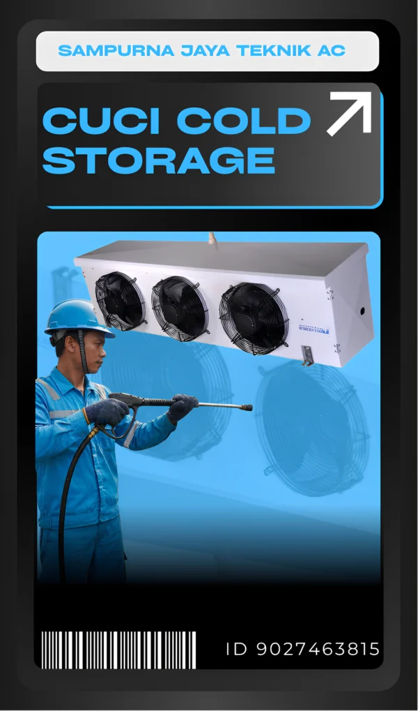 Teknisi Sampurna Jaya Teknik AC sedang melakukan cuci cold storage profesional untuk menjaga suhu stabil dan performa pendinginan tetap optimal di area komersial.