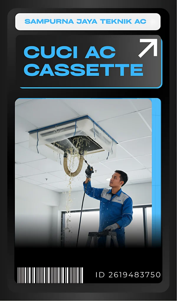 Layanan Cuci AC Cassette Profesional β Sampurna Jaya Teknik AC Proses cuci AC cassette oleh teknisi profesional Sampurna Jaya Teknik AC menggunakan alat steam untuk membersihkan unit AC cassette di plafon gedung.