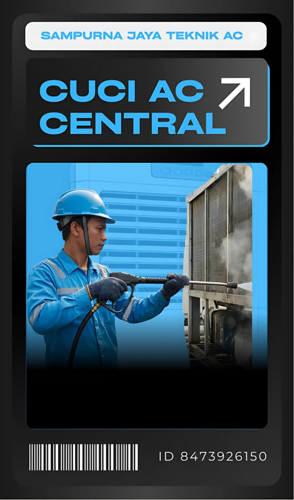 Cuci AC Central Profesional โ Sampurna Jaya Teknik AC Depok Proses cuci AC central oleh teknisi Sampurna Jaya Teknik AC menggunakan metode pembersihan profesional untuk menjaga performa dan kebersihan unit AC gedung di Depok.