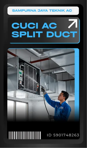Teknisi Sampurna Jaya Teknik AC sedang melakukan cuci AC split dengan mesin steam pressure untuk membersihkan unit indoor secara menyeluruh dan profesional.