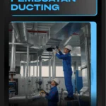 Teknisi Sampurna Jaya Teknik AC sedang melakukan perbaikan ducting AC sentral di gedung komersial untuk memastikan sirkulasi udara tetap optimal dan efisien.