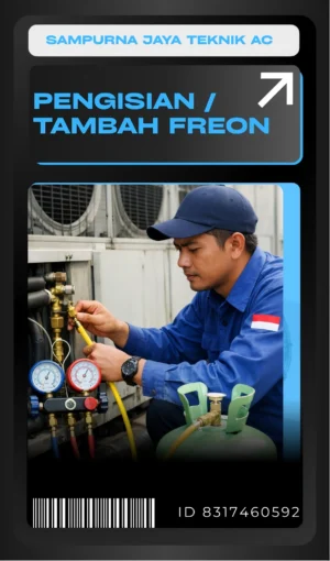 Teknisi Sampurna Jaya Teknik AC sedang melakukan pengisian freon AC secara profesional untuk memastikan performa pendinginan optimal dan tahan lama di area Depok, Jawa Barat.