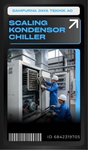 Teknisi Sampurna Jaya Teknik AC sedang melakukan scalling condensor AC untuk membersihkan kerak dan menjaga performa pendinginan tetap optimal pada unit AC komersial.