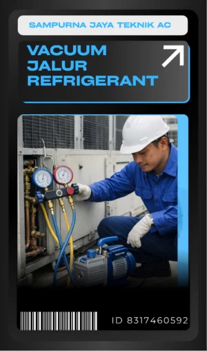 Proses Vacuum AC oleh Teknisi Sampurna Jaya Teknik AC Teknisi Sampurna Jaya Teknik AC sedang melakukan proses vacuum AC menggunakan vacuum pump sebelum pengisian freon untuk memastikan sistem AC bebas udara dan uap air.