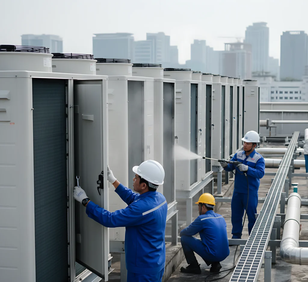 Teknisi Sampurna Jaya Teknik AC sedang mencuci dan melakukan maintenance AC rooftop di atas gedung bersama rekan kerja secara profesional