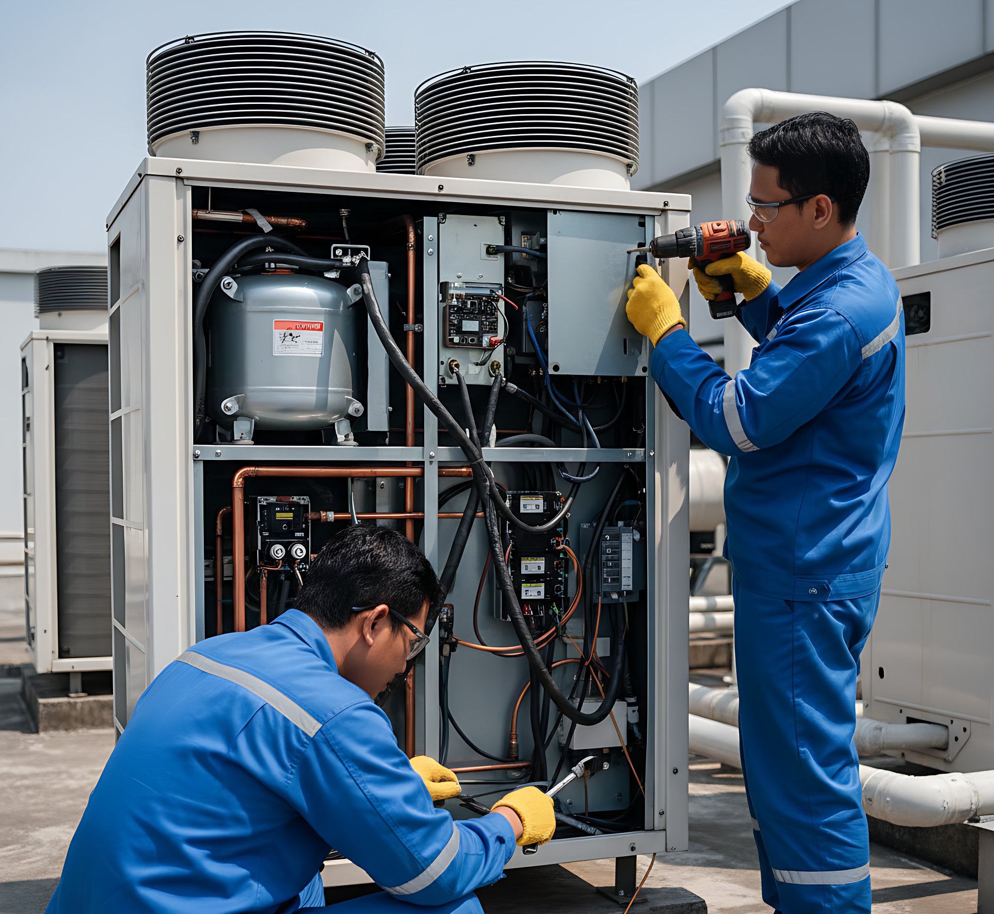Proses pengecekan AC oleh teknisi berpengalaman dari Sampurna Jaya Teknik AC di lokasi pelanggan, melakukan pemeriksaan unit secara profesional untuk memastikan performa dan keamanan sistem pendingin udara.