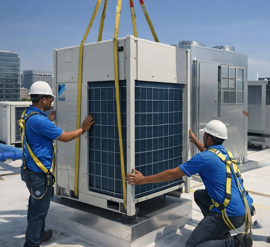 Proses Pemasangan AC oleh teknisi berpengalaman dari Sampurna Jaya Teknik AC di lokasi pelanggan, melakukan pemeriksaan unit secara profesional untuk memastikan performa optimal