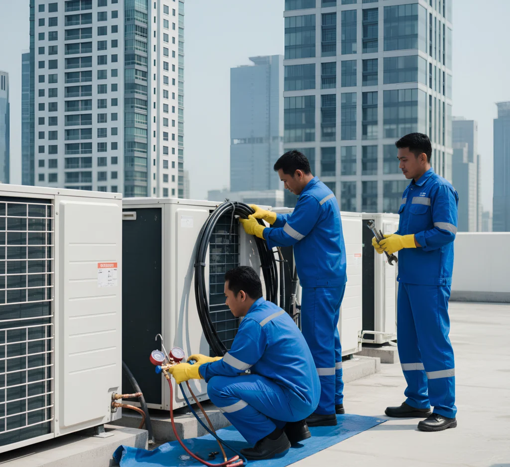 tim sampurna jaya teknik ac sedang service vrv di atas gedung jakarta