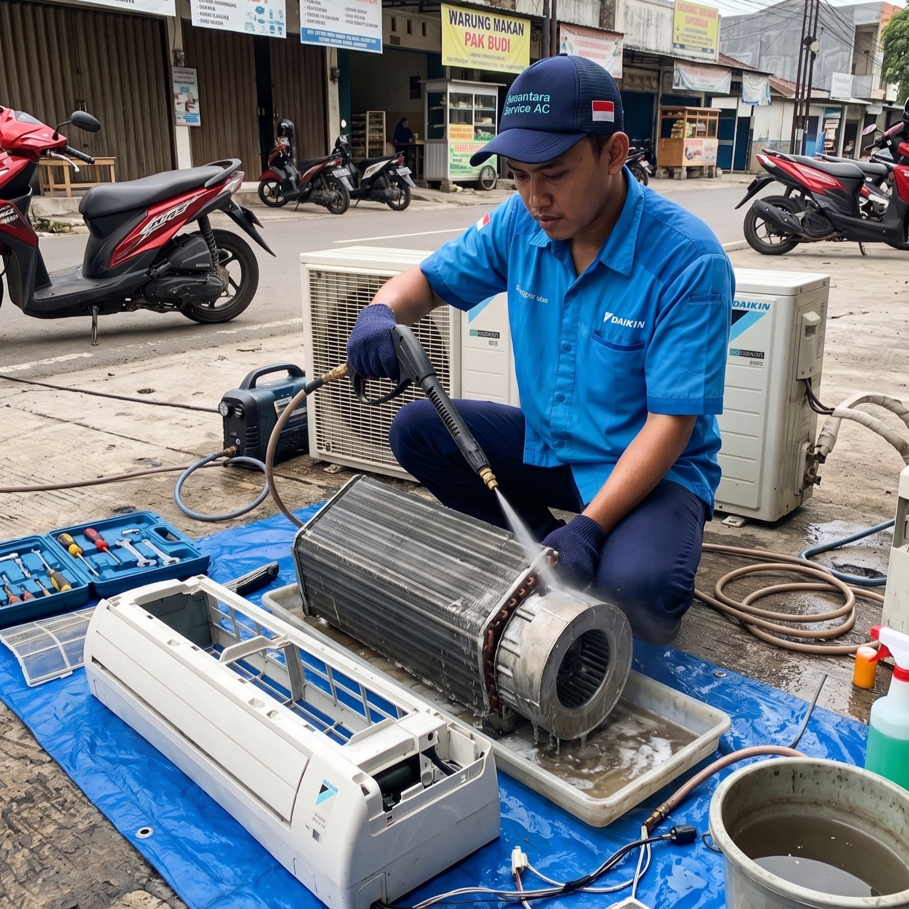 foto teknisi sampurna jaya teknik ac sedang overhaul ac tangerang