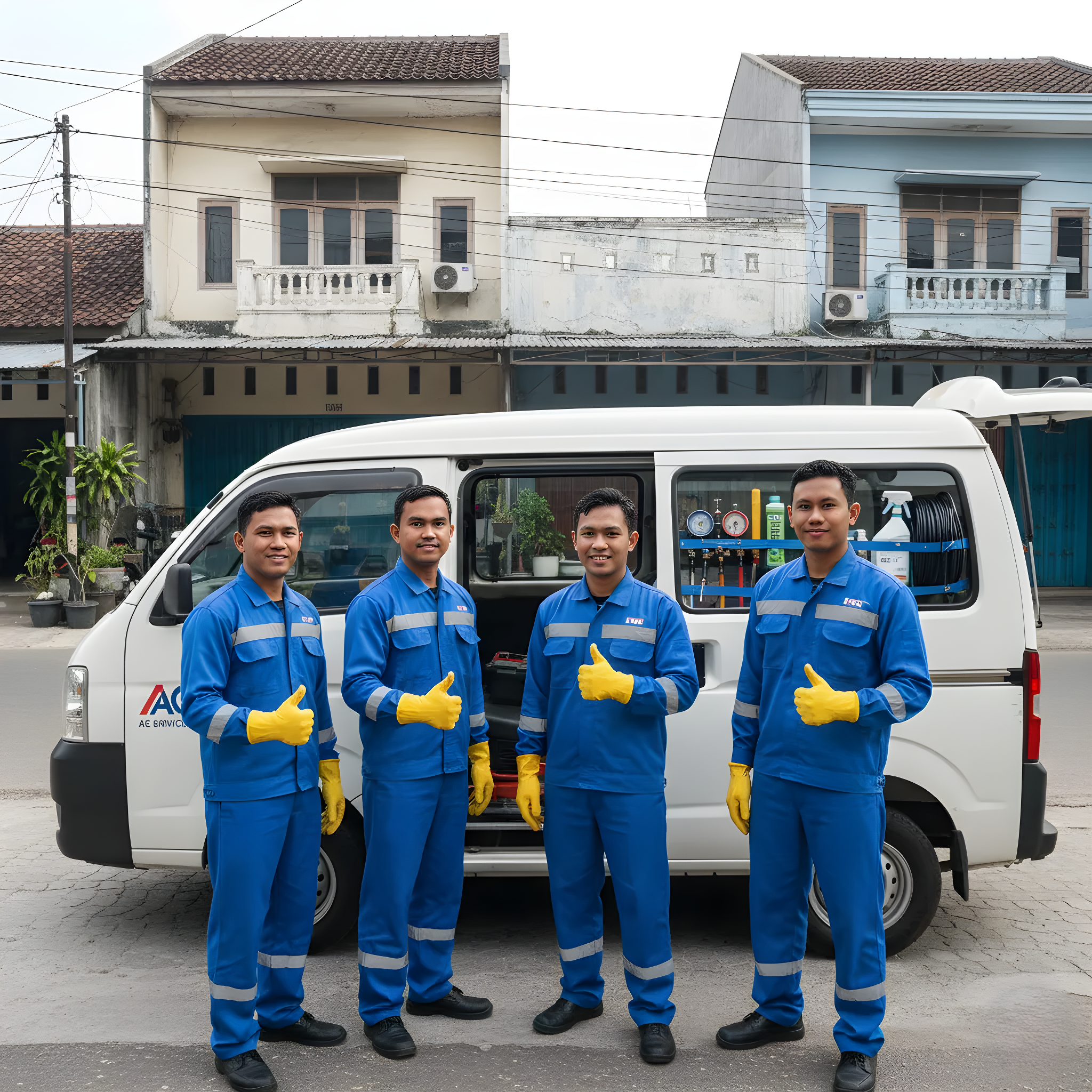 sampurna jaya teknik ac sedang berfoto di depan kosan depok
