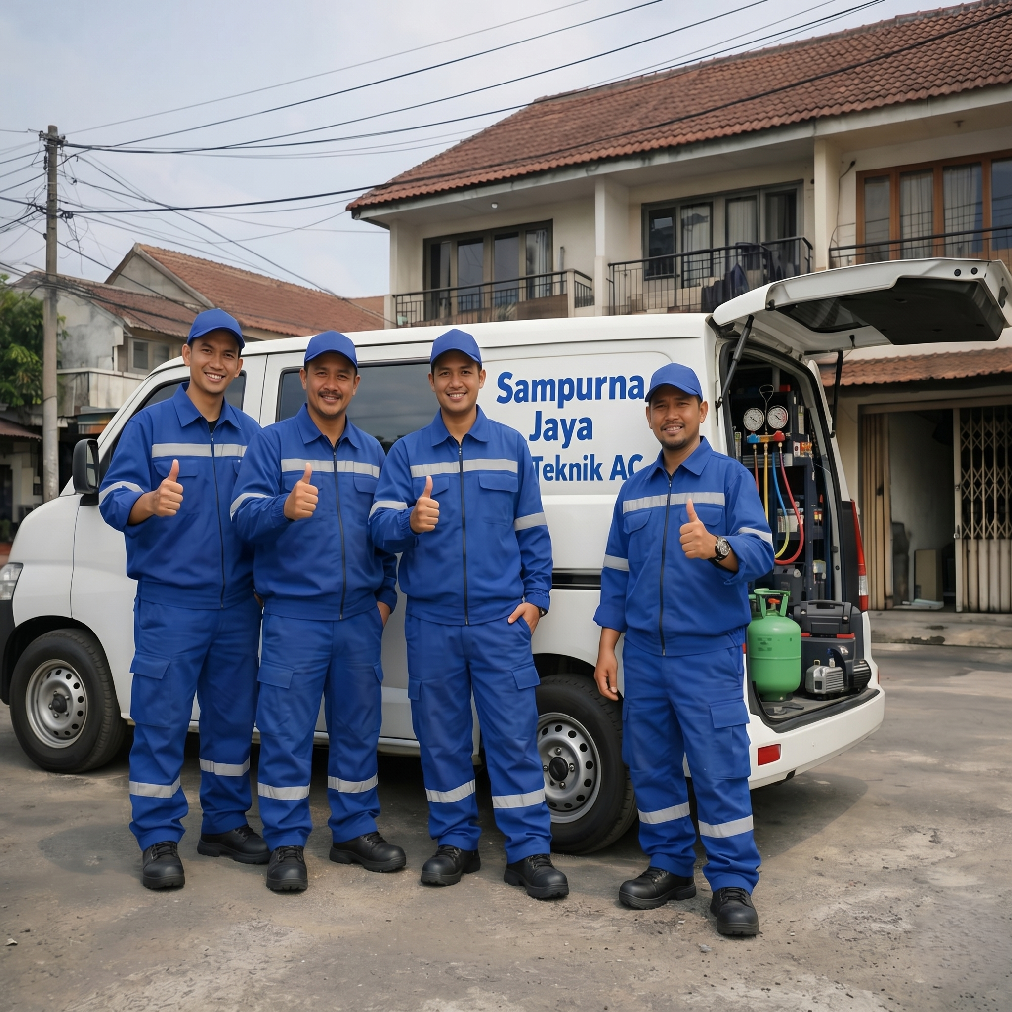tim sampurna jaya teknik ac sedang berfoto setelah memperbaiki ac di jakarta
